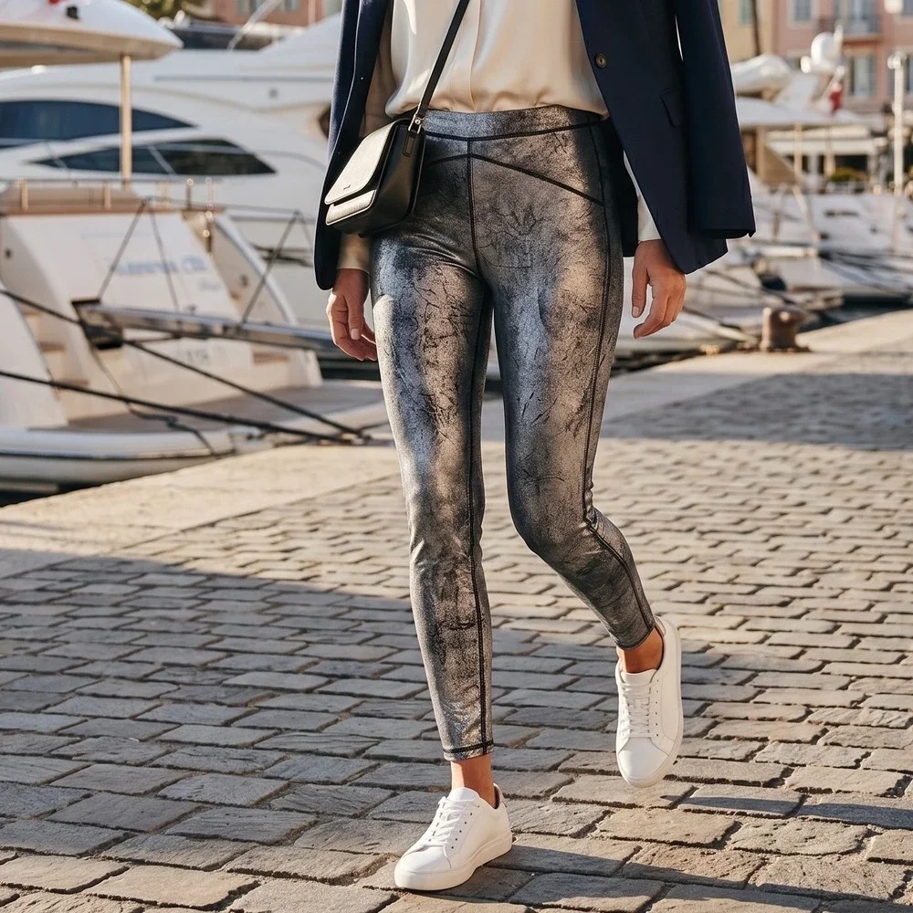 Free People Silver Metallic Crackle High Waisted Leggings Womens‎ Size Medium